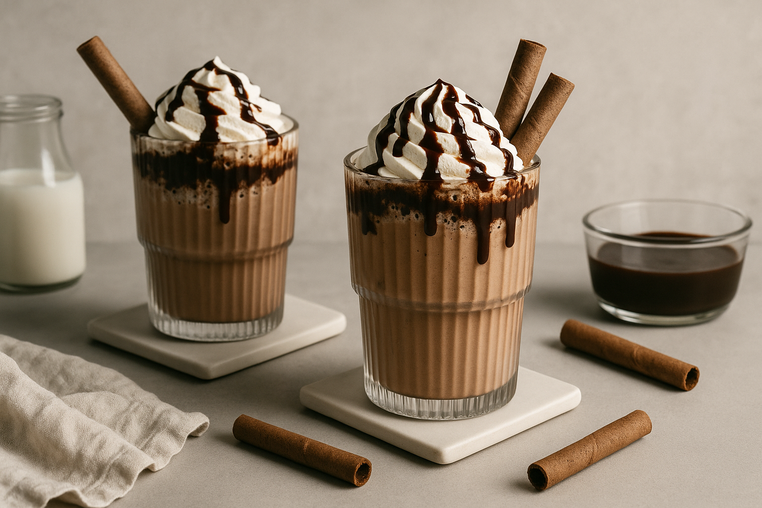 Frappe beverages with whipped cream and chocolate topping