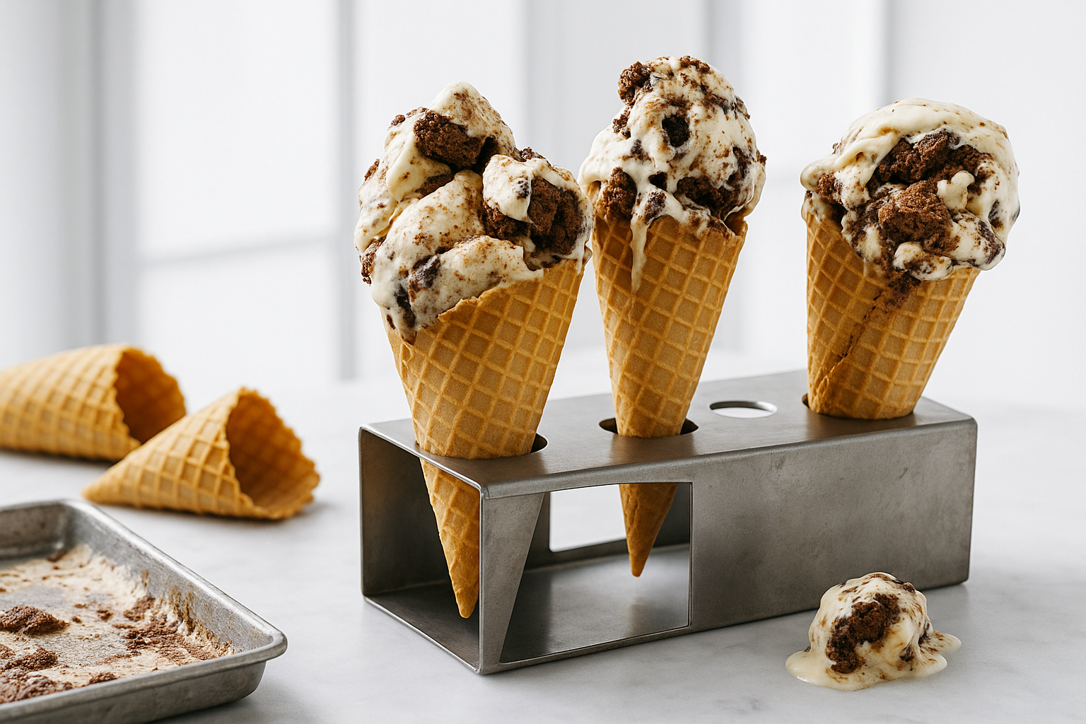 Ice cream cones with chocolate toppings